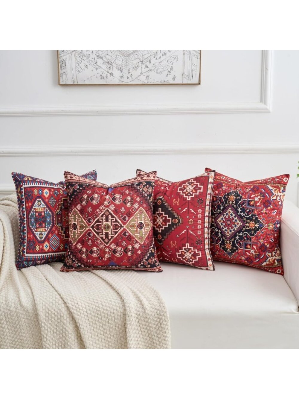 Set of 4 Boho Tribal Throw Pillow Covers 18x18 Inch Red Kilim Decorative Cases